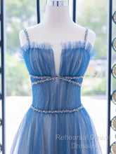 A-Line Blue Tulle Long Semi Formal Prom Dress, Blue Tulle Formal Dresses